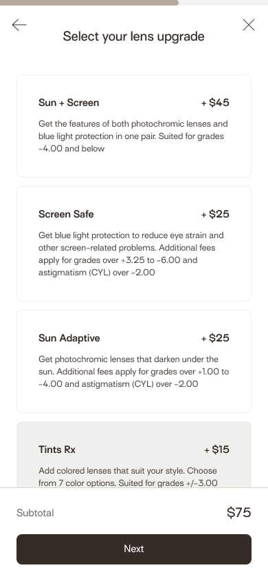 Mobile - Single Vision - Select your lens upgrade - Tints Rx